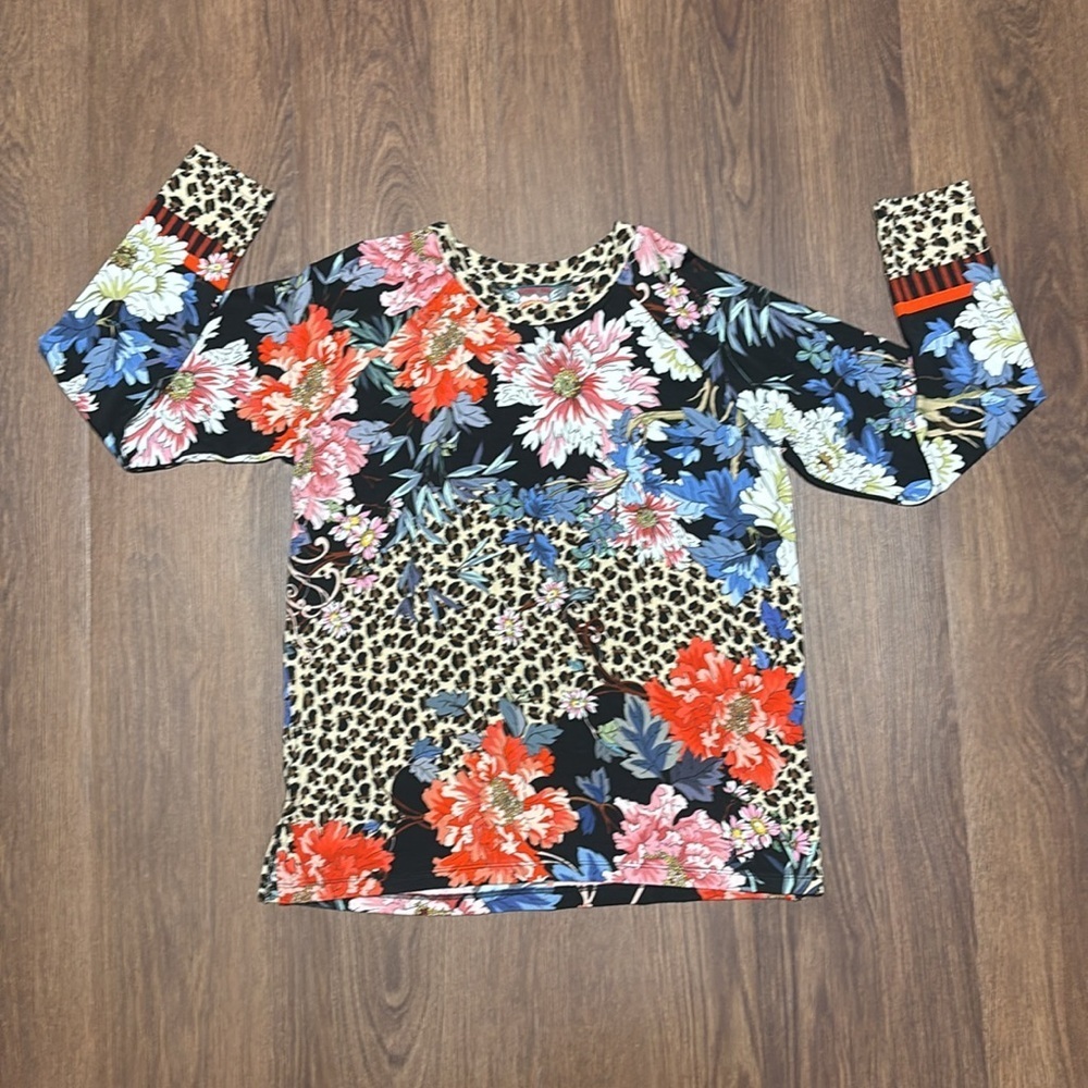 Johnny Was JWLA Floral Leopard Print Bamboo Long Sleeve Top Boho Medium